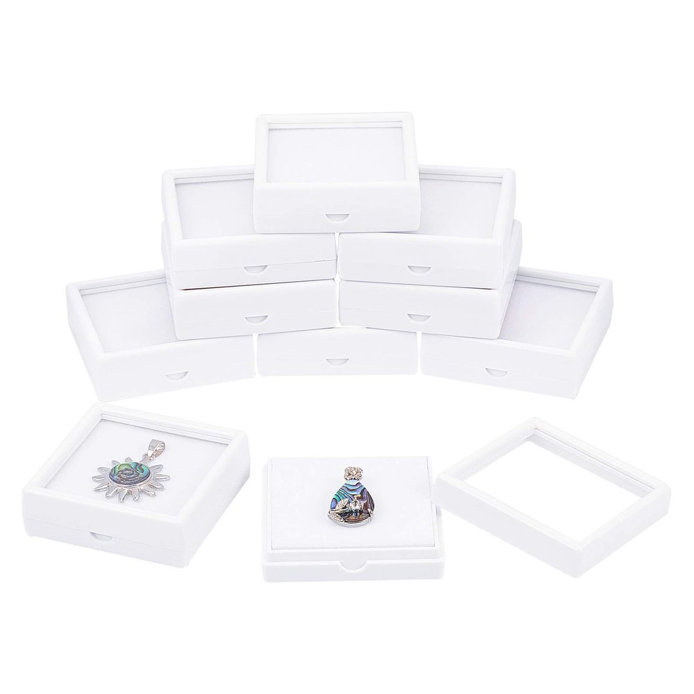 BENECREAT 10PCS White Gemstone Display Box Square Acrylic Jewelry Box Container(2.4x2.4x0.8) with Clear Top Lids and Sponge Inside for Gems, Jewelry Packing