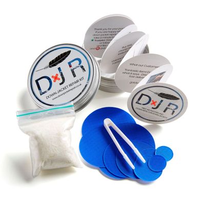 DJR KIT-in-A-TIN - Repair Patches and Goose Down Top-Up for Down Jackets and Sleeping Bags (Royal Blue)