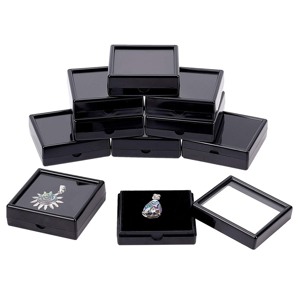 BENECREAT 10PCS Black Gemstone Display Box Square Acrylic Jewelry Box Container 2.4x2.4x0.8inch with Clear Top Lids and Sponge Inside for Mother's Day Festival Treat, Gems, Coins, Jewelry Packing