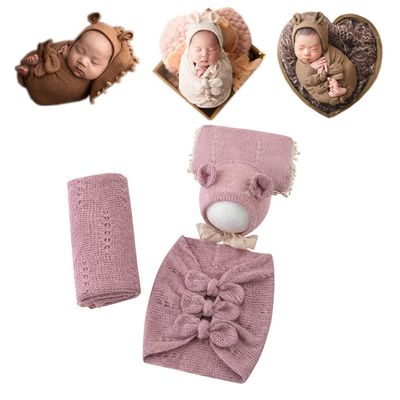 Vemonllas Newborn Baby Boy Girl Photography Props Bow Wrap, Posing Aid, Hat and Blanket Set of 4 Pcs (Purple Pink)
