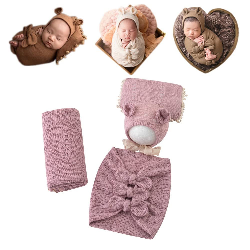 Vemonllas Newborn Baby Boy Girl Photography Props Bow Wrap, Posing Aid, Hat and Blanket Set of 4 Pcs (Purple Pink)