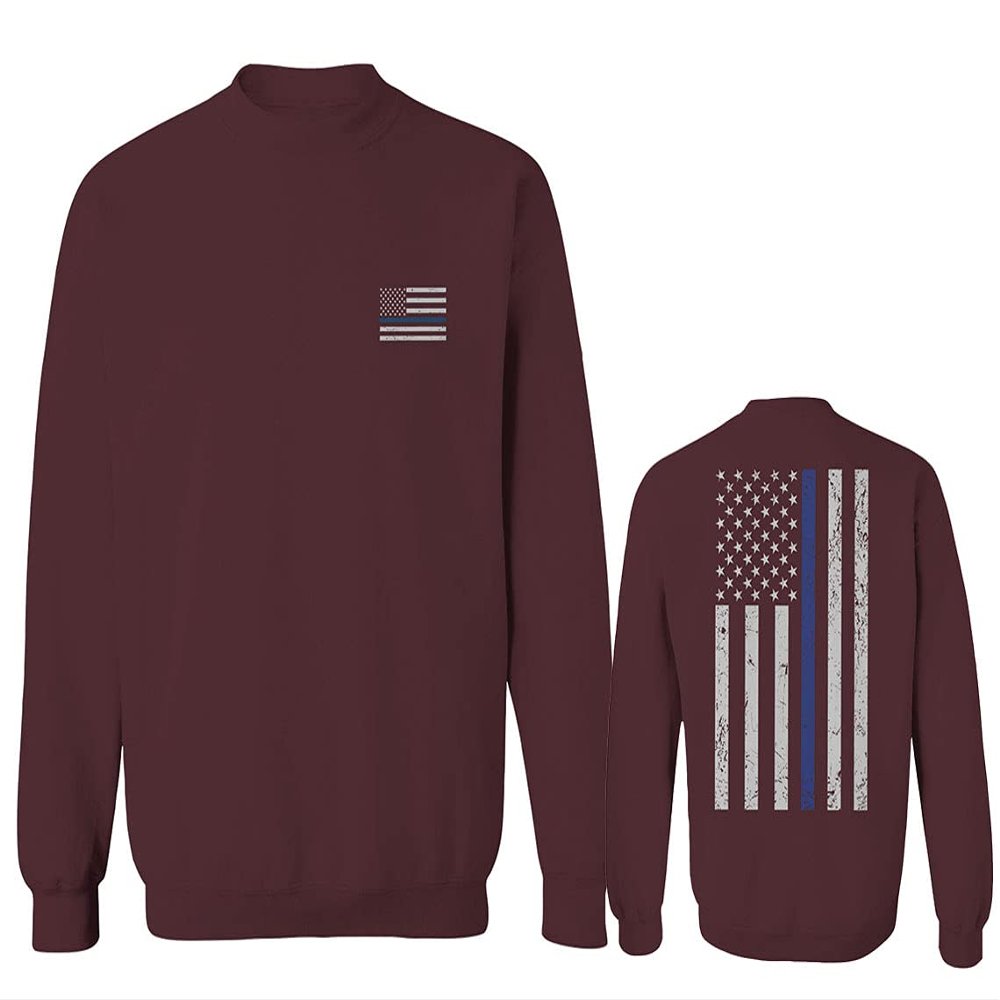 0084. American Flag Thin Blue Line Police Lives Matter Support Patriotic NY Sheriff Men's Crewneck Sweatshirt (Maroon Medium)