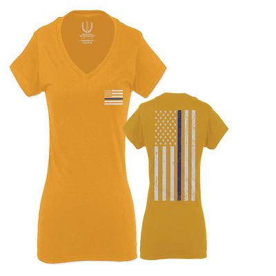 0084. American Flag Thin Blue Line Police Lives Matter Support Patriotic NY Sheriff for Women V Neck Fitted T Shirt (Gold Medium)