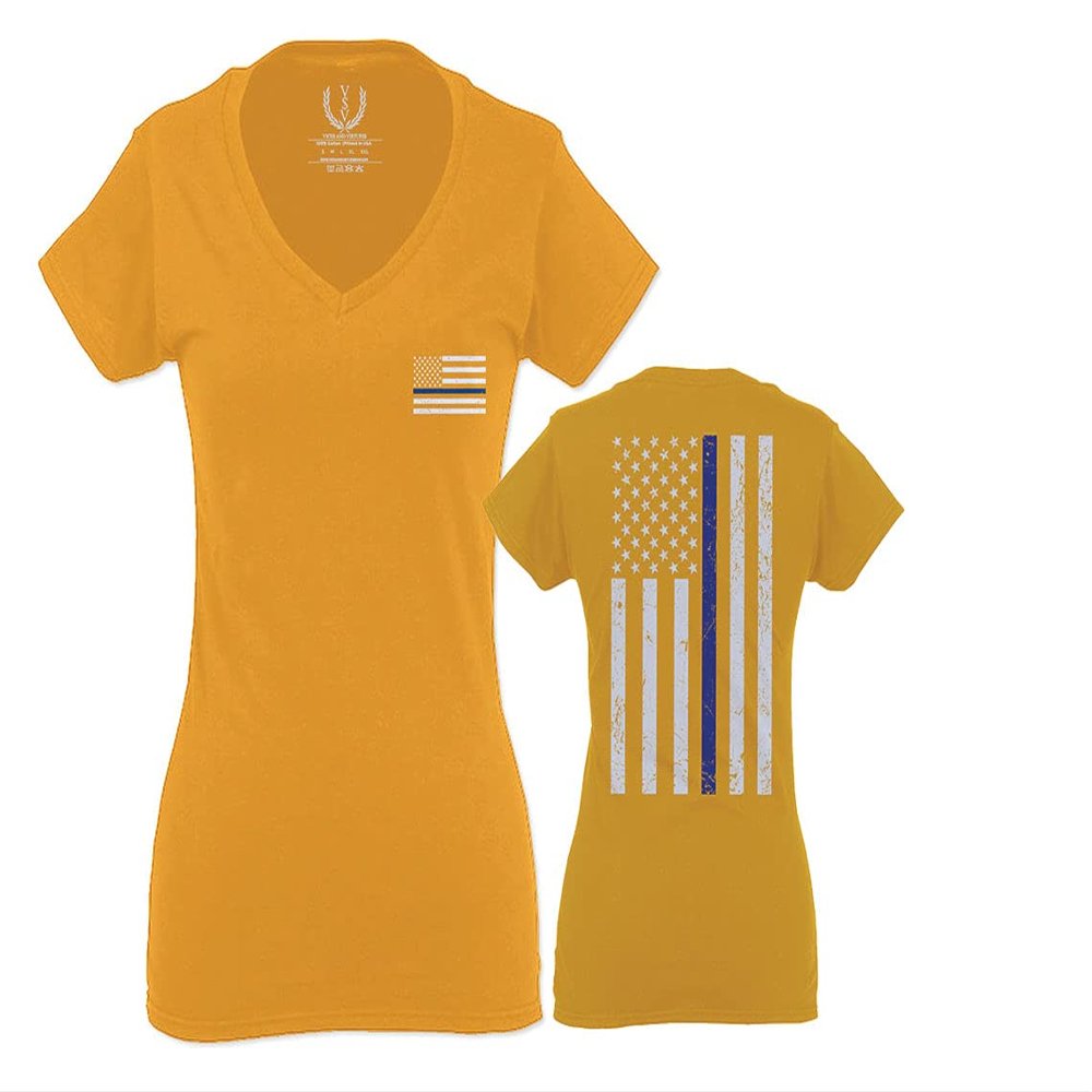 0084. American Flag Thin Blue Line Police Lives Matter Support Patriotic NY Sheriff for Women V Neck Fitted T Shirt (Gold Medium)