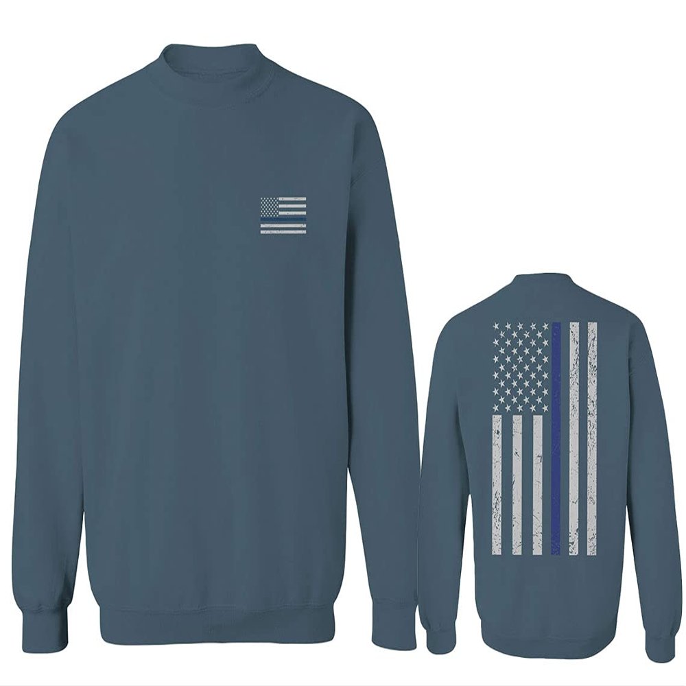 0084. American Flag Thin Blue Line Police Lives Matter Support Patriotic NY Sheriff Men's Crewneck Sweatshirt (Indigo Blue Small)