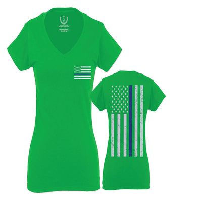 0084. American Flag Thin Blue Line Police Lives Matter Support Patriotic NY Sheriff for Women V Neck Fitted T Shirt (Irish GreenX Small)