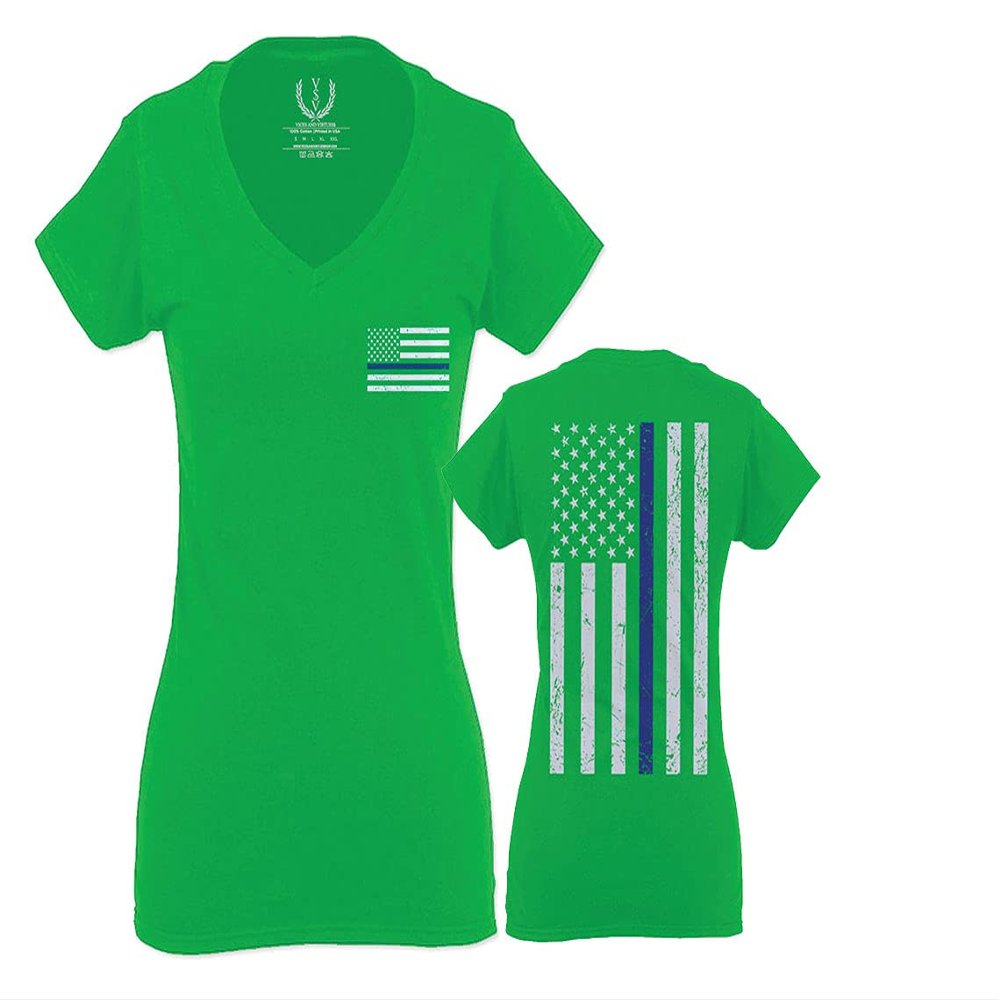 0084. American Flag Thin Blue Line Police Lives Matter Support Patriotic NY Sheriff for Women V Neck Fitted T Shirt (Irish GreenX Small)