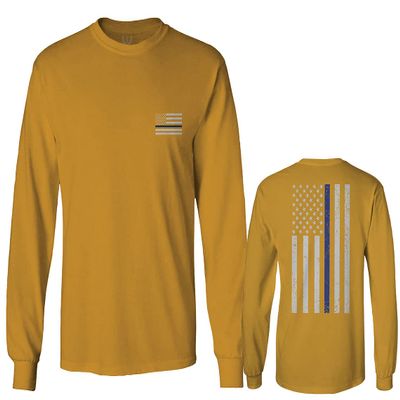 0084. American Flag Thin Blue Line Police Lives Matter Support Patriotic NY Sheriff Men's Long Sleeve t Shirt (Gold Medium)