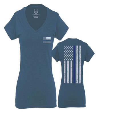 0084. American Flag Thin Blue Line Police Lives Matter Support Patriotic NY Sheriff for Women V Neck Fitted T Shirt (Indigo Blue Small)