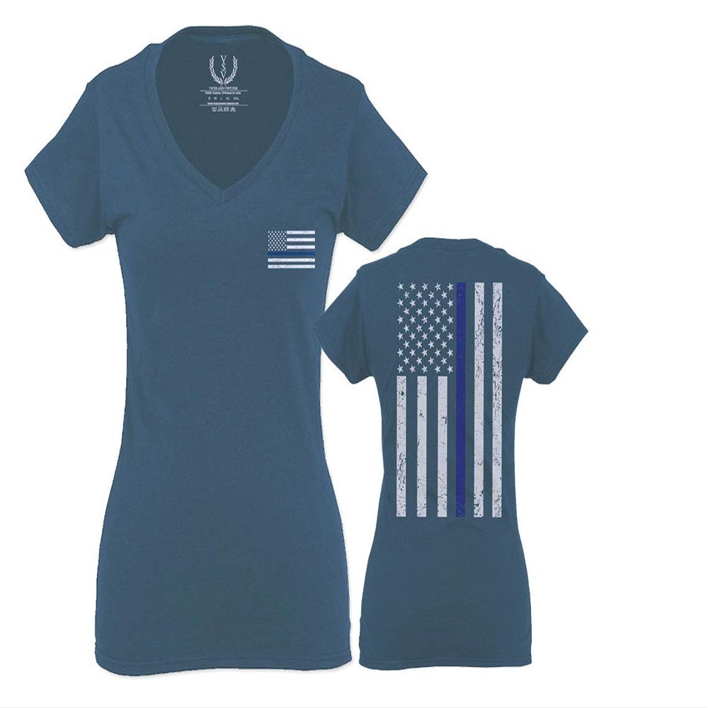 0084. American Flag Thin Blue Line Police Lives Matter Support Patriotic NY Sheriff for Women V Neck Fitted T Shirt (Indigo Blue Small)