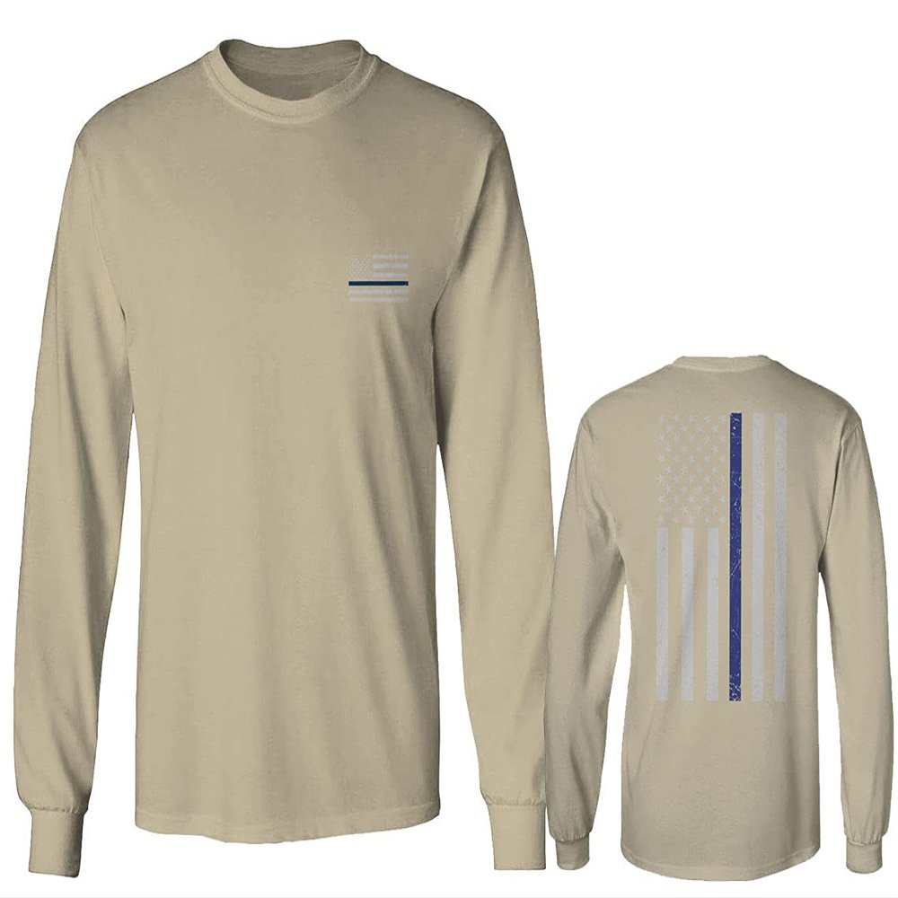 0084. American Flag Thin Blue Line Police Lives Matter Support Patriotic NY Sheriff Men's Long Sleeve t Shirt (Beige 2X Large)