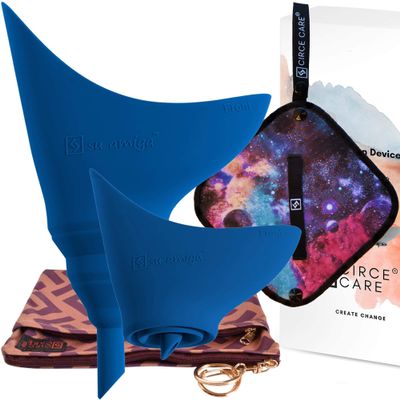 CIRCE CARE 2nd Gen SuAmiga Female Urination Device (in color Classic Blue) with New Waterproof Carry Bag + Silver Infused Pee Cloth (1pc Black Galaxy)