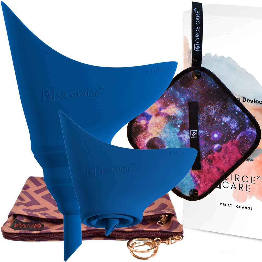 CIRCE CARE 2nd Gen SuAmiga Female Urination Device (in color Classic Blue) with New Waterproof Carry Bag + Silver Infused Pee Cloth (1pc Black Galaxy)