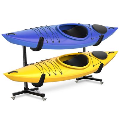 RaxGo Freestanding Kayak Rack with Wheels, Storage for Two-Kayak, SUP, Canoe & Paddleboard for Indoor, Outdoor, Garage, Shed, or Dock, Adjustable Height