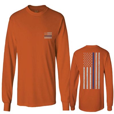 0084. American Flag Thin Blue Line Police Lives Matter Support Patriotic NY Sheriff Men's Long Sleeve t Shirt (Orange Medium)