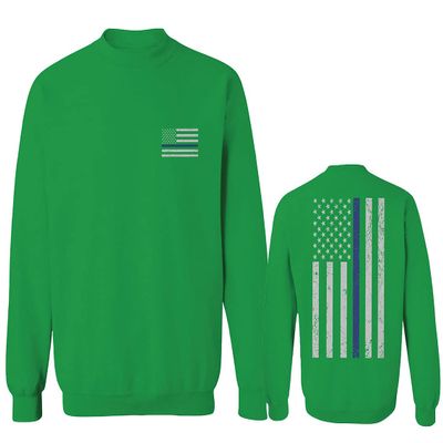 0084. American Flag Thin Blue Line Police Lives Matter Support Patriotic NY Sheriff Men's Crewneck Sweatshirt (Irish Green Medium)