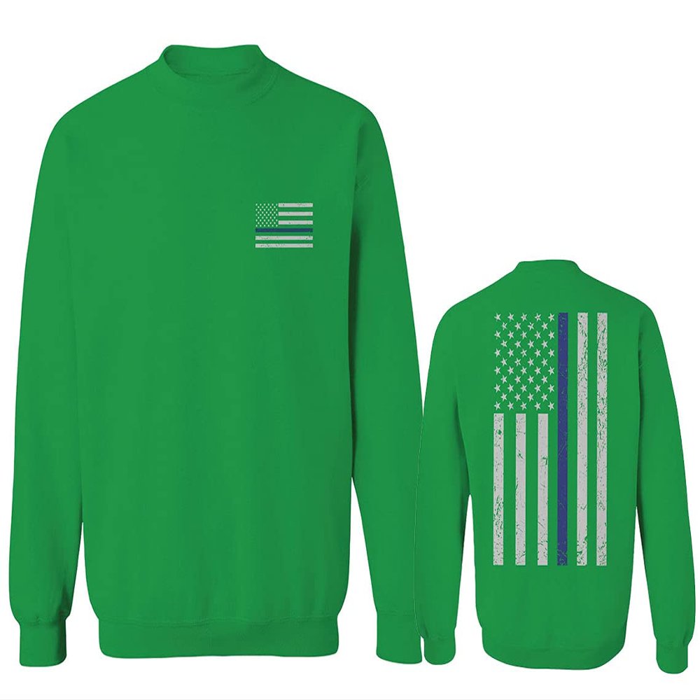 0084. American Flag Thin Blue Line Police Lives Matter Support Patriotic NY Sheriff Men's Crewneck Sweatshirt (Irish Green Medium)