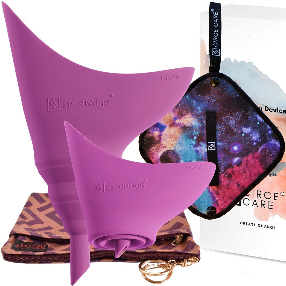 CIRCE CARE 2nd Gen SuAmiga Female Urination Device (in color Wild Purple) with New Waterproof Carry Bag + Silver Infused Pee Cloth (1pc Black Galaxy)