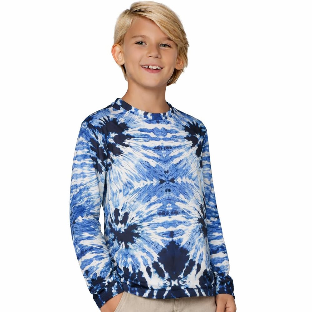 INGEAR Boys UPF 50+ Rash Guard Swim Shirt  Quick-Dry Lightweight Sun Protection for Swimming, Surfing & Beach, XSXL(Blue Tie Dye, Small)
