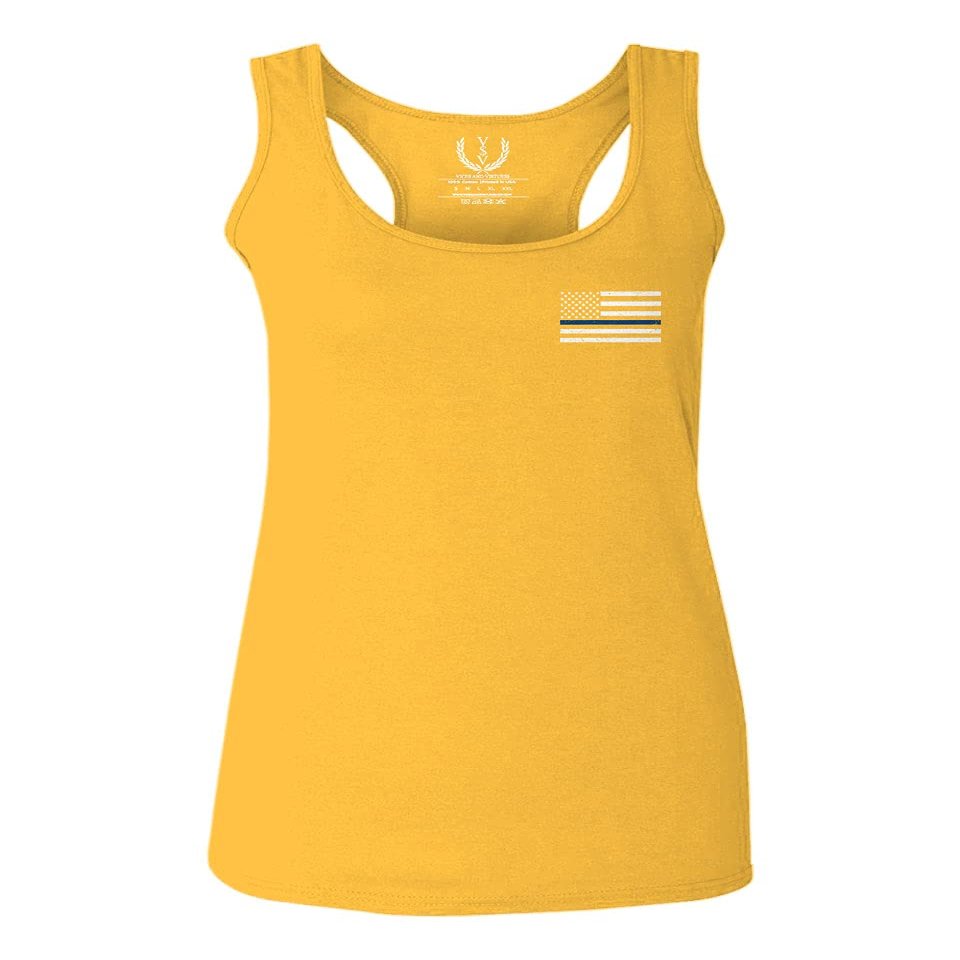 0084. American Flag Thin Blue Line Police Lives Matter Support Patriotic NY Sheriff Women's Tank Top Racerback (Gold Large)