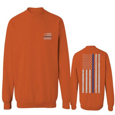 0084. American Flag Thin Blue Line Police Lives Matter Support Patriotic NY Sheriff Men's Crewneck Sweatshirt (Orange Medium)