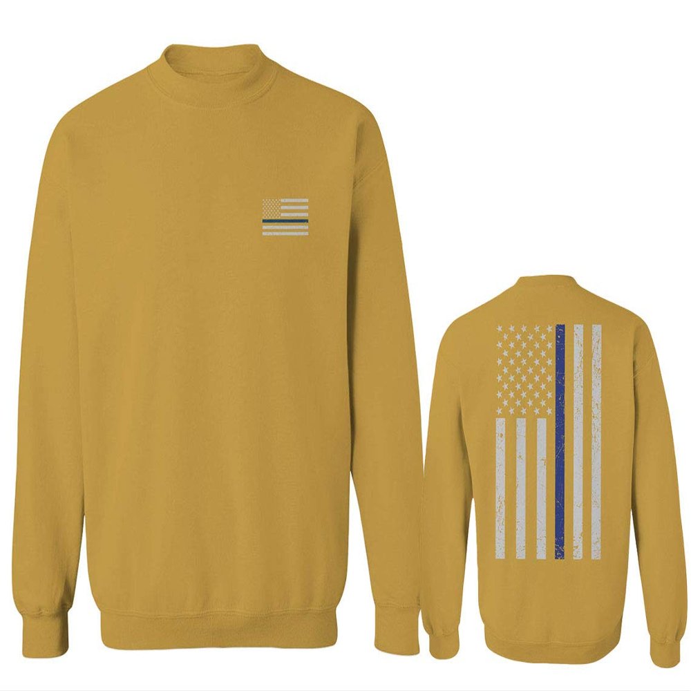 0084. American Flag Thin Blue Line Police Lives Matter Support Patriotic NY Sheriff Men's Crewneck Sweatshirt (Gold Small)
