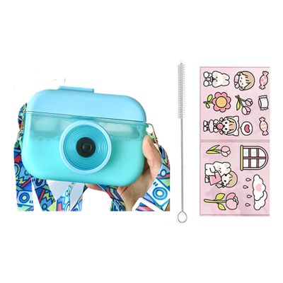 seelucky Blue Camera Bottle Travel Cup with Straw Birthday Party Gift Ice Drinking Water Bottle Mug with Strap Picnic (camera blue, 400 ml)