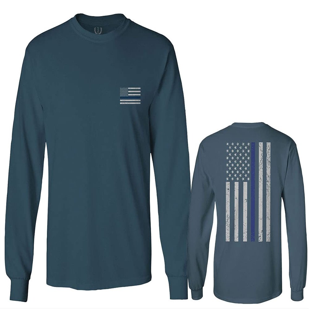 0084. American Flag Thin Blue Line Police Lives Matter Support Patriotic NY Sheriff Men's Long Sleeve t Shirt (Indigo Blue X-Large)