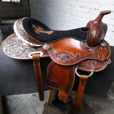 Leather Ride Western Barrel Racing Saddle with Antique Finish and Matching Headstall & Breastplate