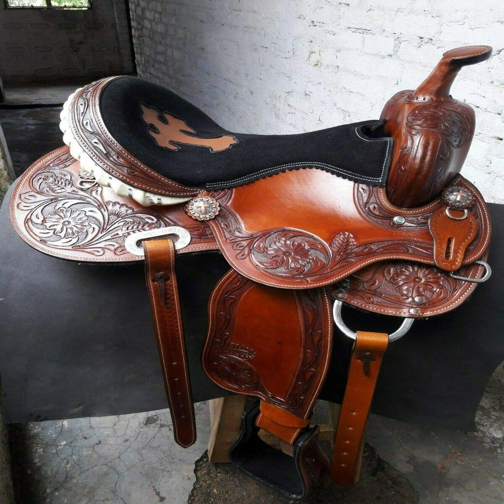 Leather Ride Western Barrel Racing Saddle with Antique Finish and Matching Headstall & Breastplate