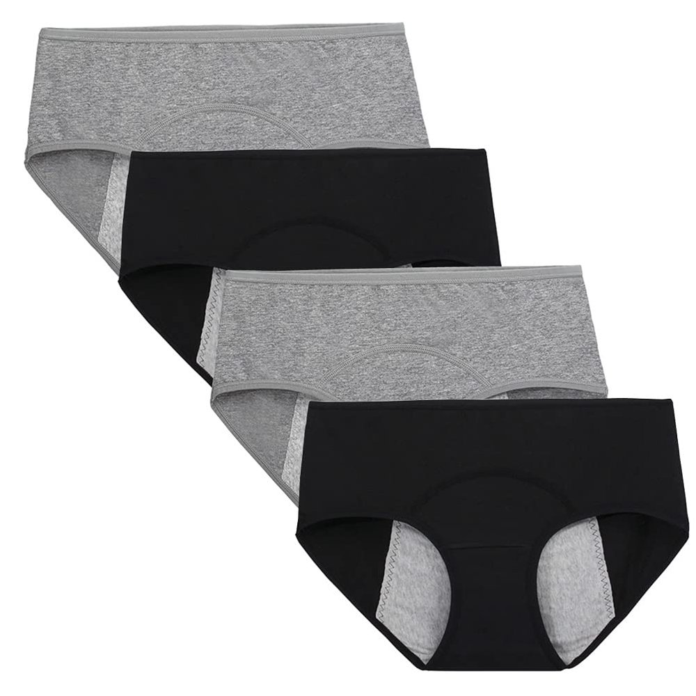Kissecret Teenager Girl's Breathable Cotton Period Panties Pack of 4pcs Menstrual Heavy Flow Leak-Proof Underwear Briefs (Small, 2Black&2Gray)