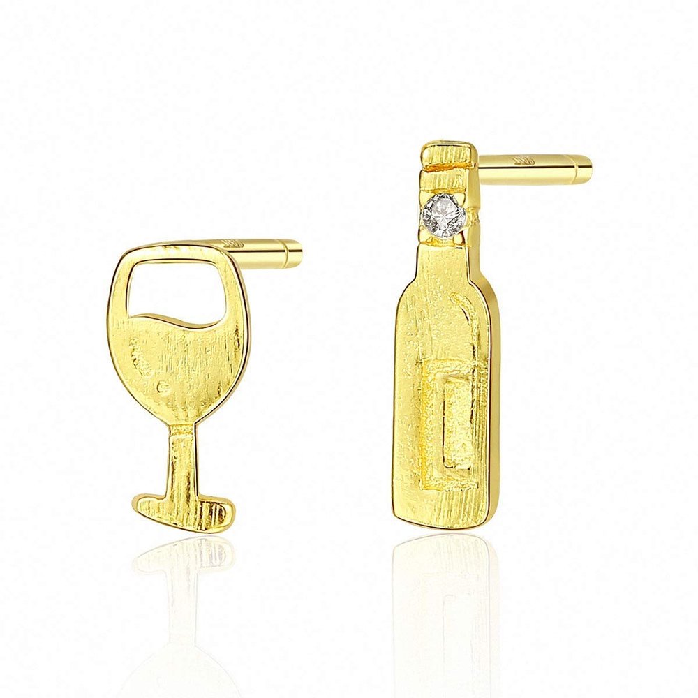WYRKYP Earrings S925 Sterling Earrings Wine Glasses and Bottles Asymmetrical Stud Earrings Personality Temperament Jewellery for Women and Girls Two Earrings Different in Style,Gold