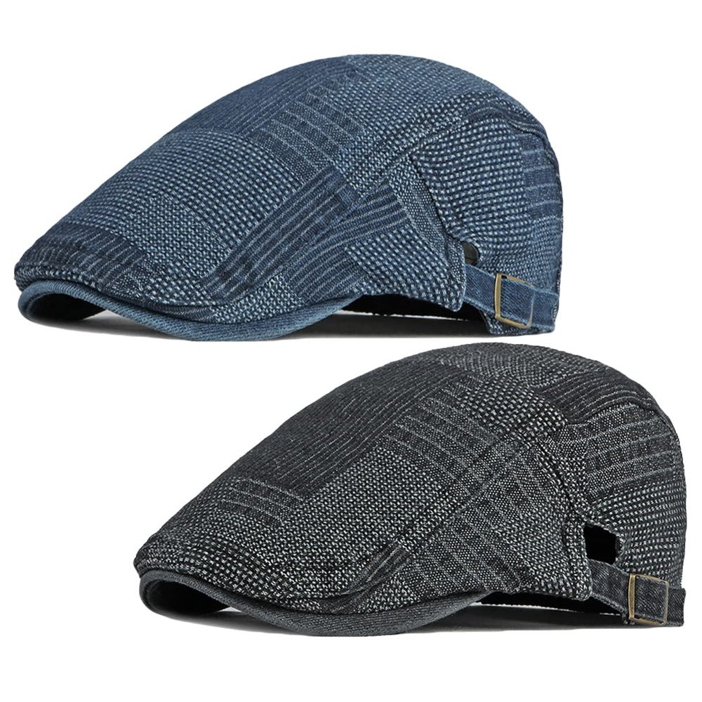 2 Pack Mens Denim Cotton Newsboy Cap Ivy Gatsby Driving Hunting Cabbie Hats (K)