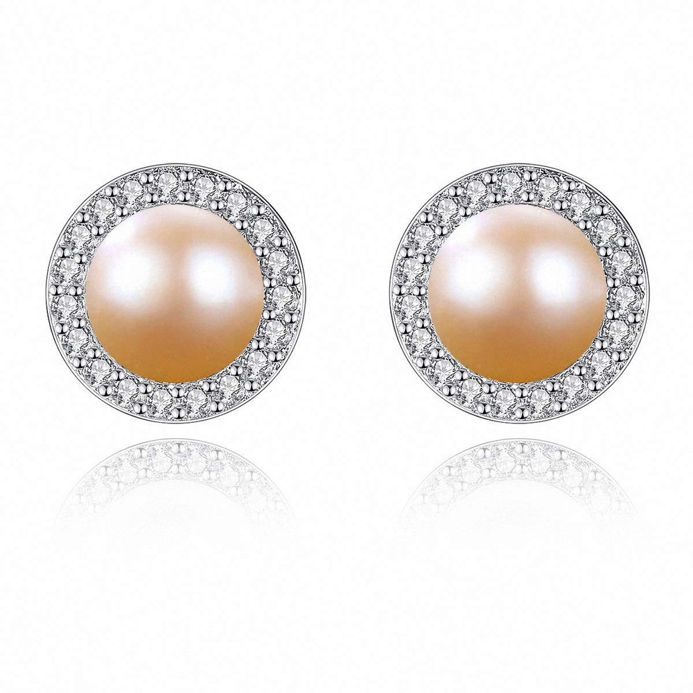 WYRKYP Earrings S925 Sterling Sier Earrings Stylish Gold Plated White Gold Stud Earrings Set with AAA+ Cubic Zirconia and Natural Pearl Earrings Gift for Women, Multiple Colours to Choose from,Pink