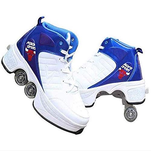 Double-Row Deform Wheel Automatic Walking Shoes Invisible Deformation Roller Skate 2 in 1 Removable Pulley Skates Skating Rollerskates Outdoor Parkour Shoes with Wheels for Girls Boys,Bright White,US