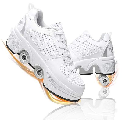 Double-Row Deform Wheel Automatic Walking Shoes Invisible Deformation Roller Skate 2 in 1 Removable Pulley Skates Skating Rollerskates Outdoor Parkour Shoes with Wheels for Girls Boys,White Silver,US