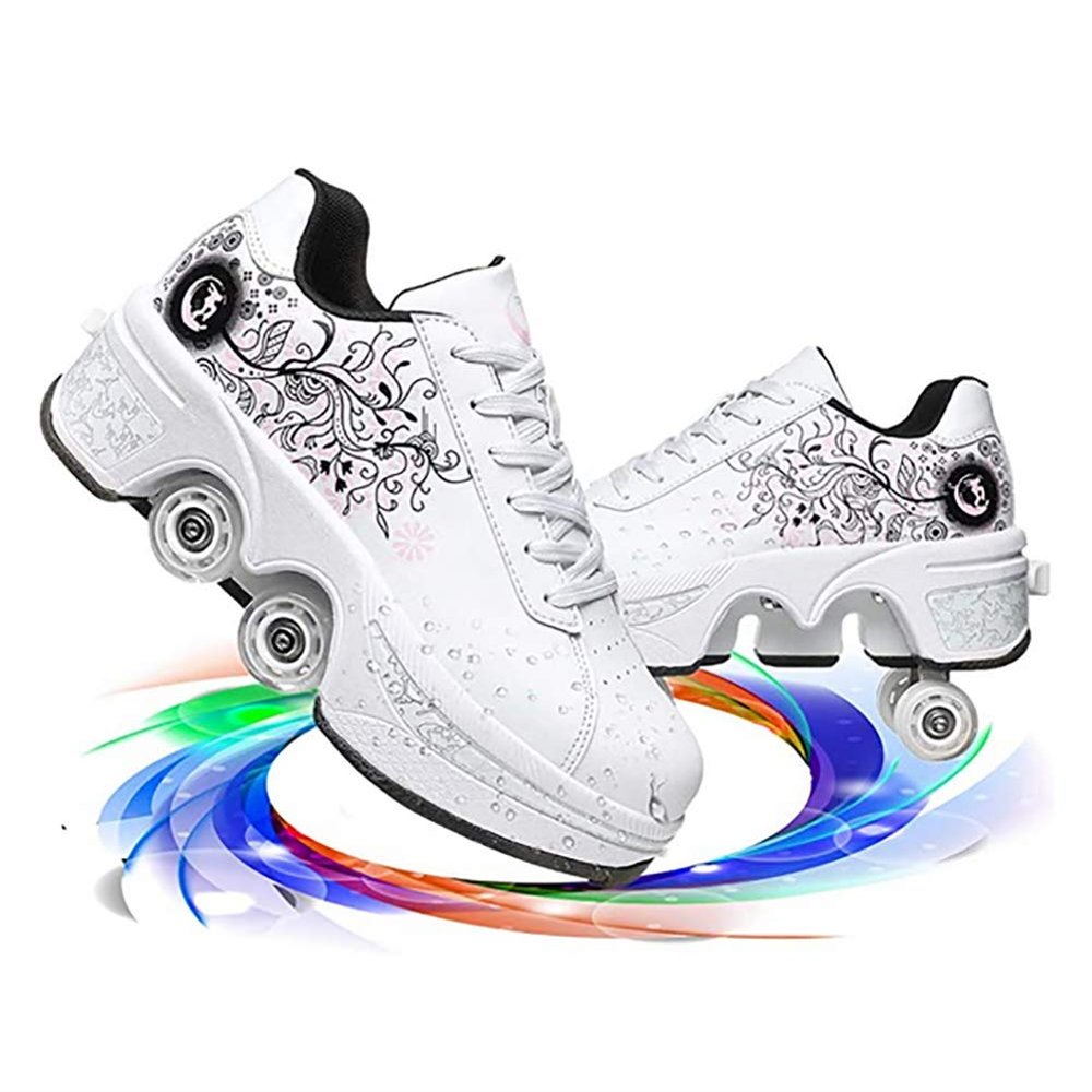 Double-Row Deform Wheel Automatic Walking Shoes Invisible Deformation Roller Skate 2 in 1 Removable Pulley Skates Skating Rollerskates Outdoor Parkour Shoes with Wheels for Girls Boys,White Flower,US
