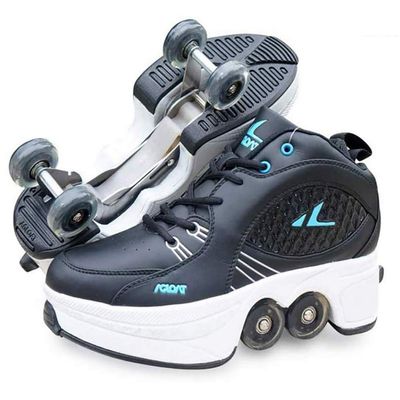 Double-Row Deform Wheel Automatic Walking Shoes Invisible Deformation Roller Skate 2 in 1 Removable Pulley Skates Skating Rollerskates Outdoor Parkour Shoes with Wheels for Girls Boys,Black,US 7