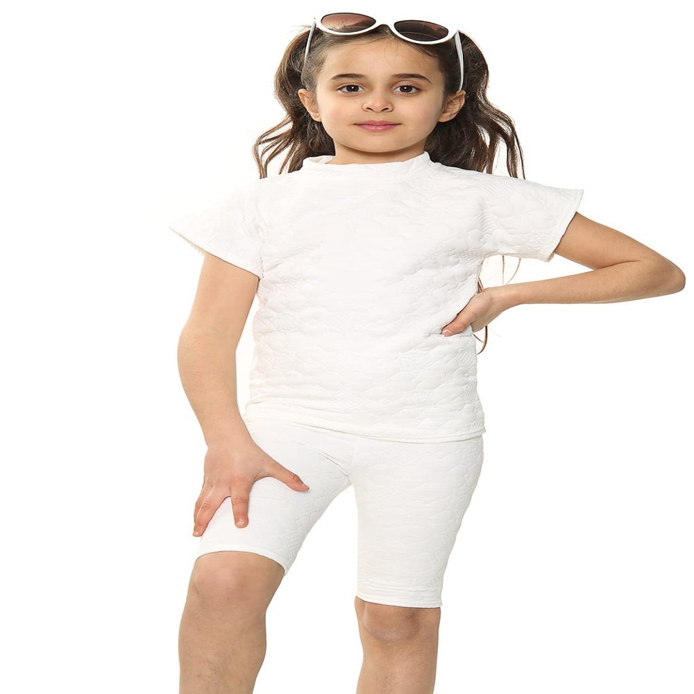Aelstores Girls Cycling Shorts Set Quilted High Neck Top Summer Outfit Cap Sleeve White