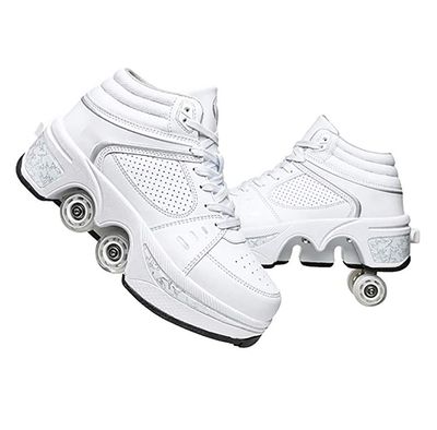 Double-Row Deform Wheel Automatic Walking Shoes Invisible Deformation Roller Skate 2 in 1 Removable Pulley Skates Skating Rollerskates Outdoor Parkour Shoes with Wheels for Girls Boys,White high,US 6