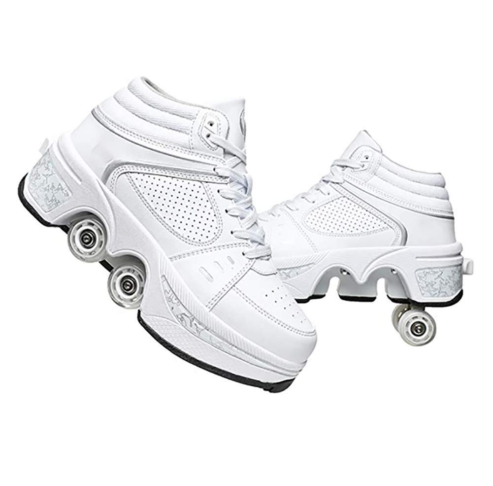 Double-Row Deform Wheel Automatic Walking Shoes Invisible Deformation Roller Skate 2 in 1 Removable Pulley Skates Skating Rollerskates Outdoor Parkour Shoes with Wheels for Girls Boys,White high,US 6