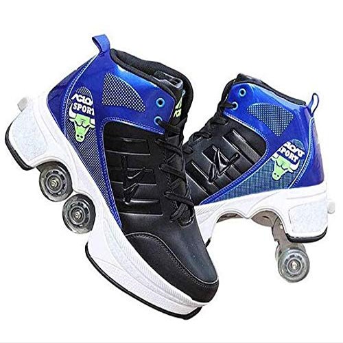 Double-Row Deform Wheel Automatic Walking Shoes Invisible Deformation Roller Skate 2 in 1 Removable Pulley Skates Skating Rollerskates Outdoor Parkour Shoes with Wheels for Girls Boys,Bright Black,US