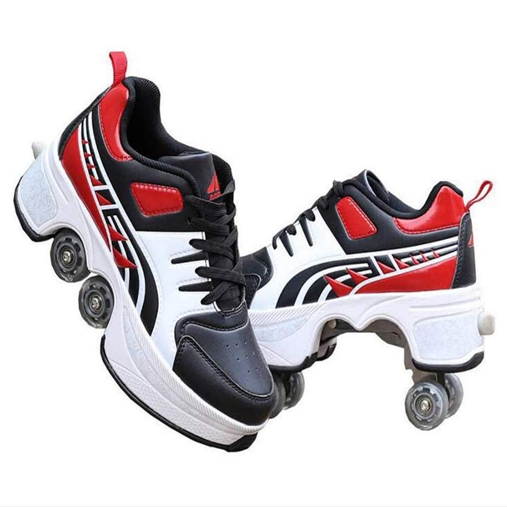 Double-Row Deform Wheel Automatic Walking Shoes Invisible Deformation Roller Skate 2 in 1 Removable Pulley Skates Skating Rollerskates Outdoor Parkour Shoes with Wheels for Girls Boys,Red Black,US 9