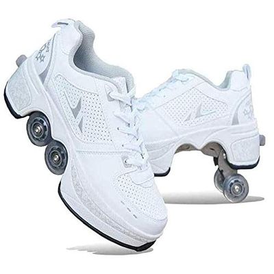 Double-Row Deform Wheel Automatic Walking Shoes Invisible Deformation Roller Skate 2 in 1 Removable Pulley Skates Skating Rollerskates Outdoor Parkour Shoes with Wheels for Girls Boys,Silver,US 6