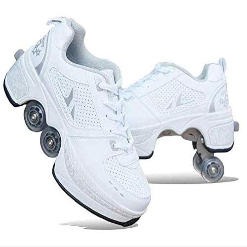 Double-Row Deform Wheel Automatic Walking Shoes Invisible Deformation Roller Skate 2 in 1 Removable Pulley Skates Skating Rollerskates Outdoor Parkour Shoes with Wheels for Girls Boys,Silver,US 6