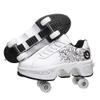 Double-Row Deform Wheel Automatic Walking Shoes Invisible Deformation Roller Skate 2 in 1 Removable Pulley Skates Skating Rollerskates Outdoor Parkour Shoes with Wheels for Girls Boys ,White flower,US view 2