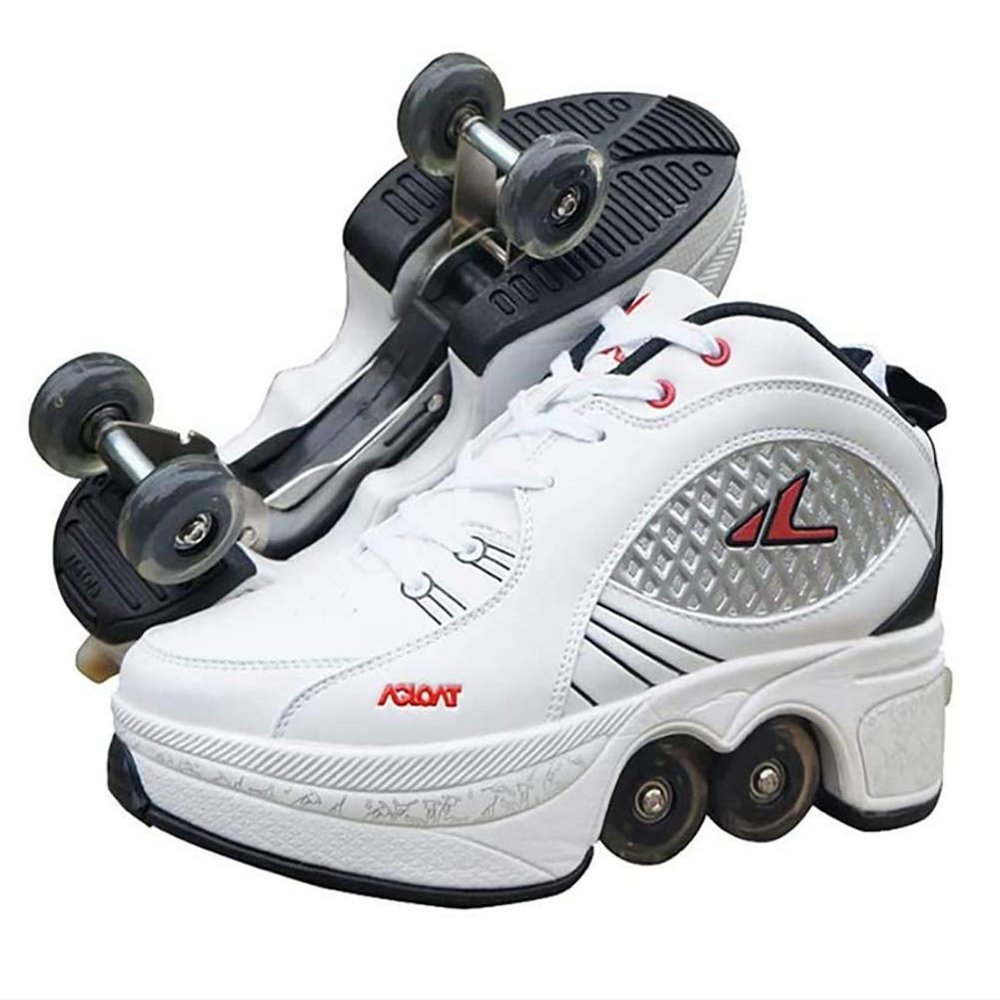 Double-Row Deform Wheel Automatic Walking Shoes Invisible Deformation Roller Skate 2 in 1 Removable Pulley Skates Skating Rollerskates Outdoor Parkour Shoes with Wheels for Girls Boys,White,US 7