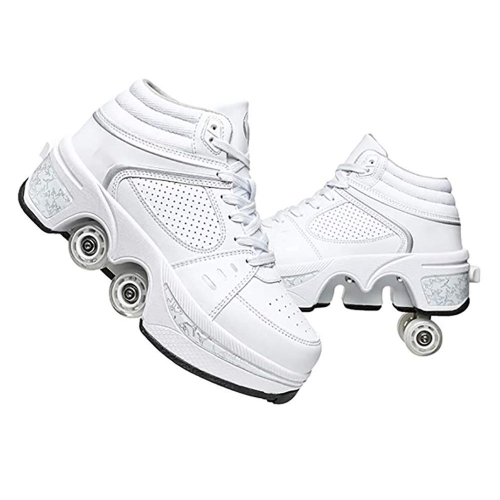 Double-Row Deform Wheel Automatic Walking Shoes Invisible Deformation Roller Skate 2 in 1 Removable Pulley Skates Skating Rollerskates Outdoor Parkour Shoes with Wheels for Girls Boys,White high,US 8