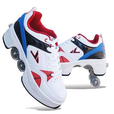 Double-Row Deform Wheel Automatic Walking Shoes Invisible Deformation Roller Skate 2 in 1 Removable Pulley Skates Skating Rollerskates Outdoor Parkour Shoes with Wheels for Girls Boys,White Blue,US 4