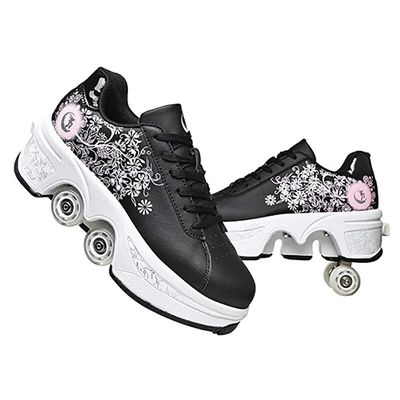 DOOK Double-Row Deform Wheel Automatic Walking Shoes Invisible Deformation Roller Skate 2 in 1 Removable Pulley Skates Skating Rollerskates Outdoor Parkour for Girls Boys,Black Powder, US 6